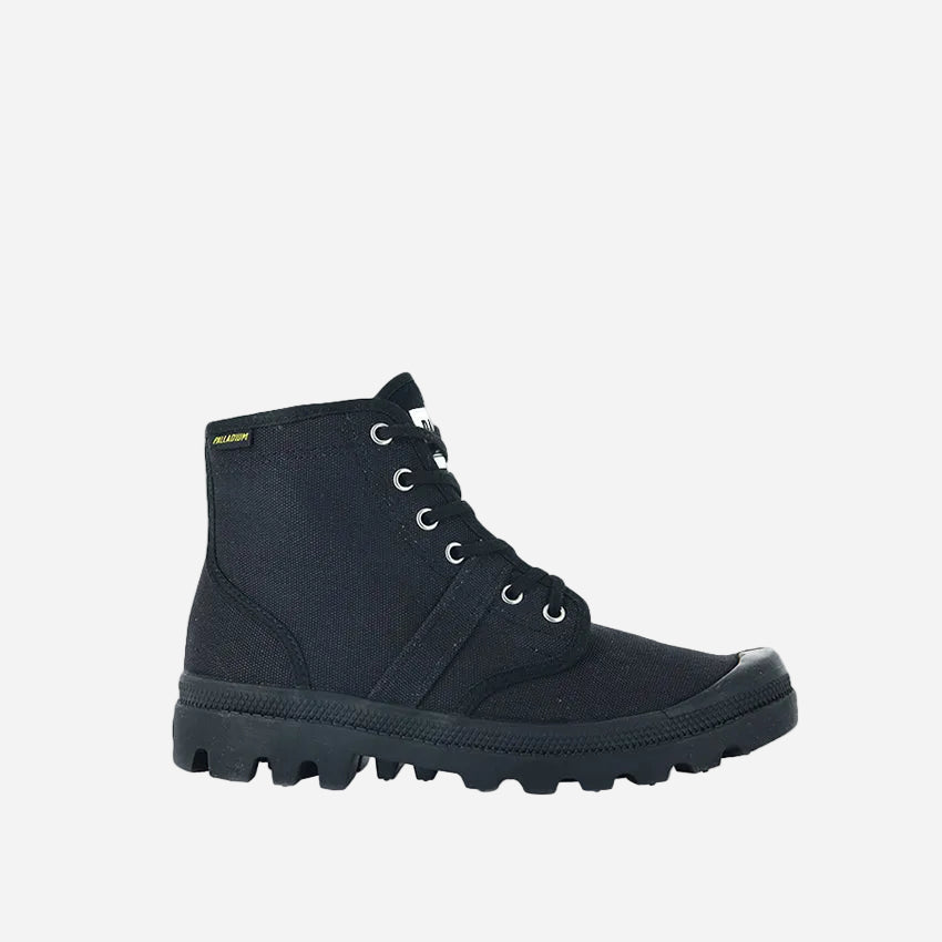 A high-top black boot with a lace-up closure, featuring a durable rubber outsole and a textile upper.