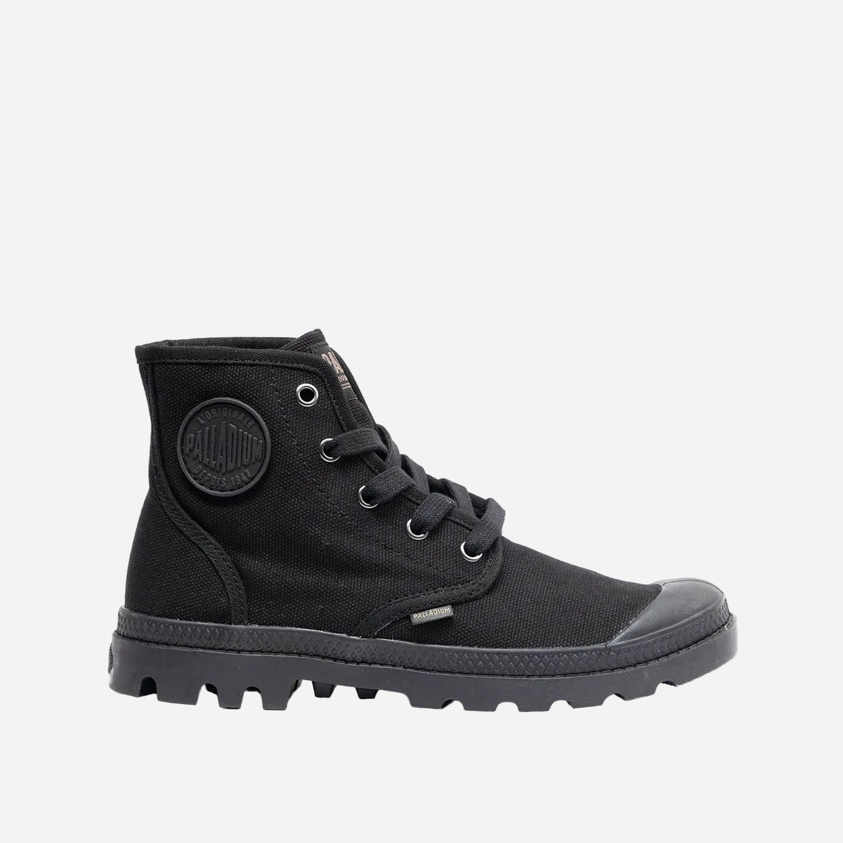 A black high-top sneaker boot with a lace-up closure and a round toe. It features a prominent logo on the side and a rugged sole.